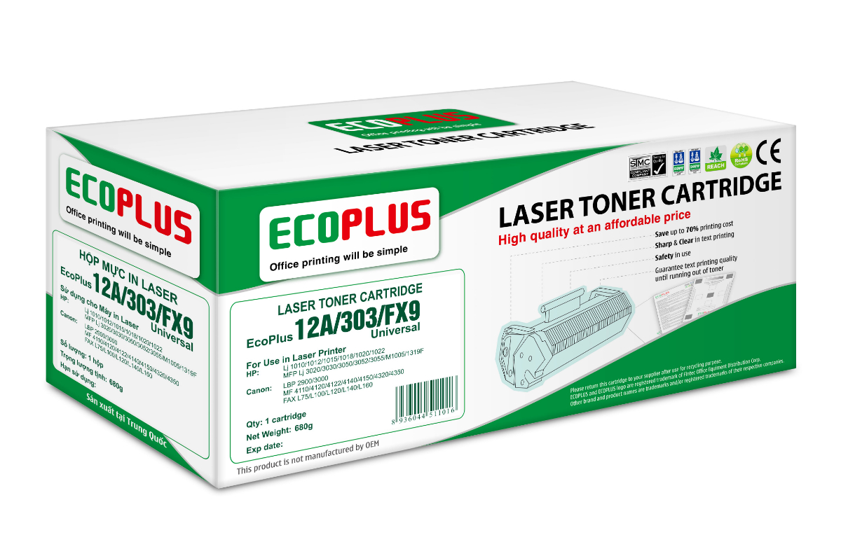 Mực in EcoPlus 12A, Laser trắng đen dùng cho máy in hp