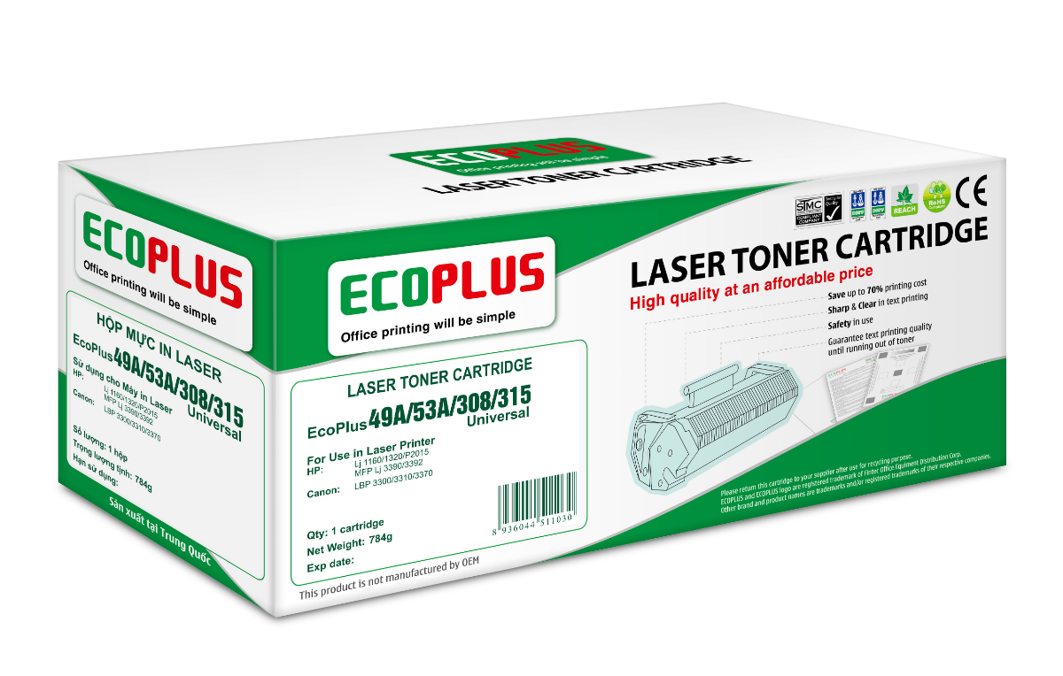 Mực in EcoPlus 308, Laser trắng đen dùng cho máy in canon